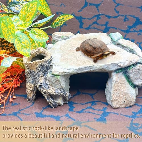 BNOSDM Reptile Hide Cave, Turtle Basking Platform, Terrarium Resin Rock Decor, Lizard Hideout Rocks Tank Accessories for Bearded Dragons, Snake, Leopard Gecko, Tortoise, Axolotls
