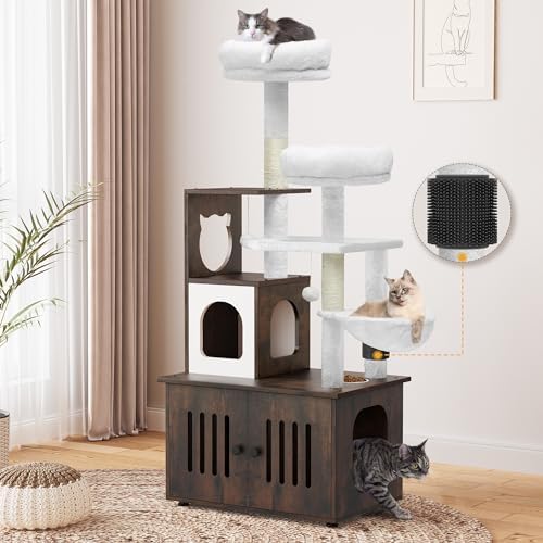 YITAHOME Cat Tree with Litter Box Enclosure, 2-in-1 Cat Furniture, Modern Cat Condo with Cat House, Perch, Food Station, Hammocks, Scratch Post, Hair Brush, 59 Inch, Rustic Brown