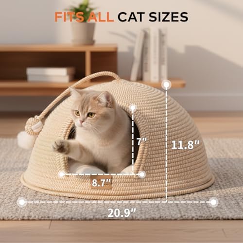 Cat Cave Bed with Washable Cushion and Ball, Handwoven Cotton Rope Cat Basket Bed for Indoor Cats Bed Covered, 3-in-1 Scratching, Playing & Sleeping, All Season Universal(White)