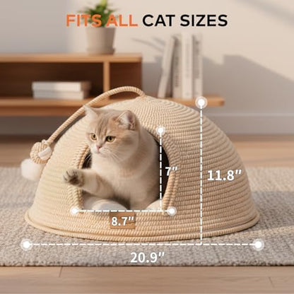 Cat Cave Bed with Washable Cushion and Ball, Handwoven Cotton Rope Cat Basket Bed for Indoor Cats Bed Covered, 3-in-1 Scratching, Playing & Sleeping, All Season Universal(White)