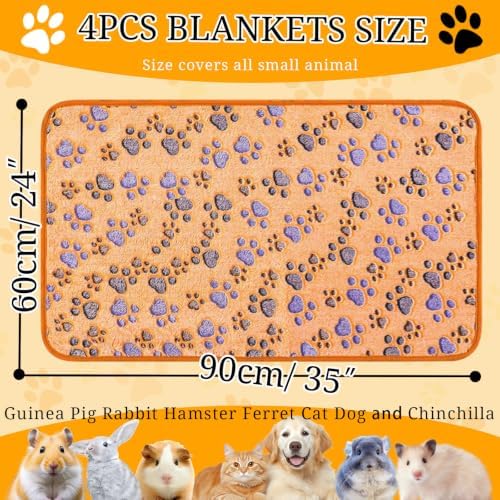4 Pcs Washable Guinea Pig Bedding Absorbent Small Animal Cage Liners Reusable Guinea Pig Fleece Blankets Waterproof Pet Pee Pad Sleep Mat Pad Cover for Rabbit Ferret Chinchilla Hamster (24 x 35 Inch)