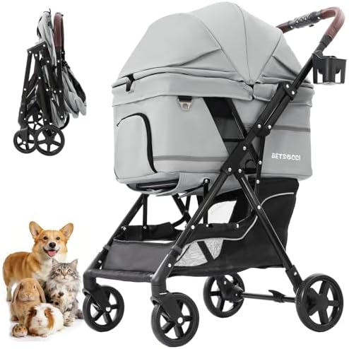 Dog Stroller with No-Zip Buckle Canopy, fits 2 Small Cats or 1 Medium pet,44 lbs Capacity One-Hand Fold,Lockable Front Wheels, Rear Brake