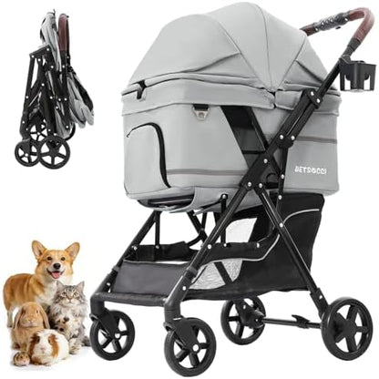 Dog Stroller with No-Zip Buckle Canopy, fits 2 Small Cats or 1 Medium pet,44 lbs Capacity One-Hand Fold,Lockable Front Wheels, Rear Brake