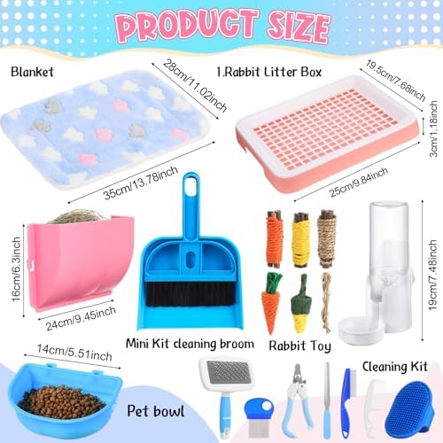 19 Pcs Rabbit Starter Kit Small Bunny Litter Box Rabbit Grooming Kit Water Bottle Bunny Toys Hay Feeder Bowl Blankets with Cleaning Set for Guinea Pig Accessories (Pink-White,Strawberry Bear)