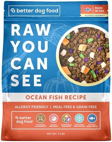 A Better Treat | Allergy Friendly Ocean Blend Dry Dog Food | Raw You Can See | No Chicken, No Grain, No Meal Ingredients | Fish Only Animal Protein |Stomach Soothing Kibble + Freeze Dried Raw Dog Food