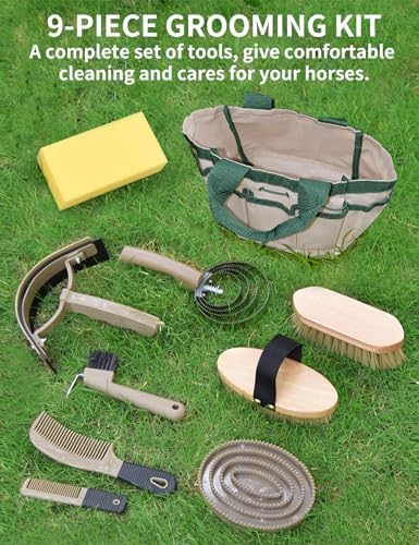Professional 10 Pieces Horse Grooming Kit with Tote Bag, Horse Brush & Curry Comb Set for Effective Grooming and Bathing, Equine Coat Care Tack Room Supplies, Horse Gifts for Girls