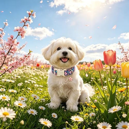 Lionet Paws Floral Dog Collar Spring Summer Daisy Cosmos Bipinnatus Collars with Pink Cherry Blossom Pattern - Female Girl Dog Collar for Small Medium Large Dogs M
