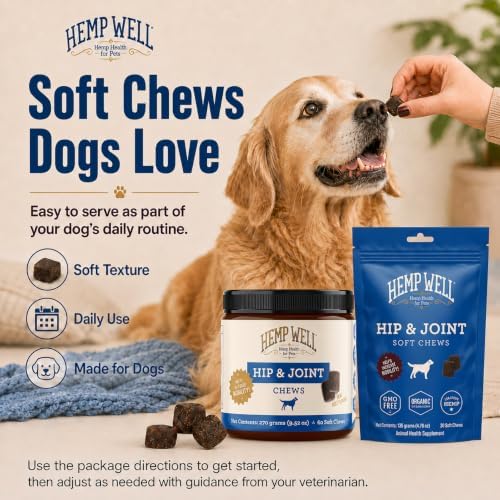 Hemp Well Hip & Joint Dog Soft Chews with Glucosamine & Hemp, MSM, 60 Count