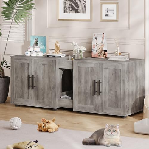 Garvee Cat Litter Box Enclosure for 2 Cats, 55" Hiddden Litter Box Enclosure Furniture 3-in-1 Wooden Litter Cabinet with Barn Door & Double Rooms for Bedroom Living Room, Gray