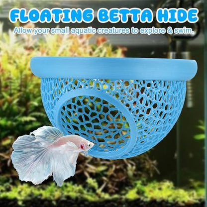 Blue Floating Betta Hide & Shrimp Cave: 3-in-1 Aquarium Hammock, Feeder & Resting Spot for Betta Fish, Shrimp & Small Fish | Eco-Safe PLA