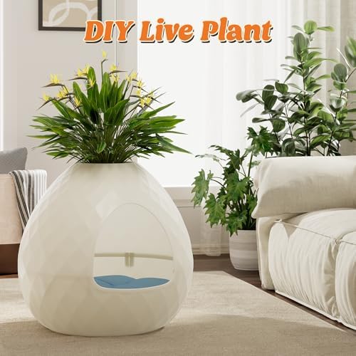 Plant Litter Box Egg-Shaped, Hidden Cat Litter Box Enclosure - Secret Small Litter Box Furniture with Two Interchangeable Top, for Living Room Corner