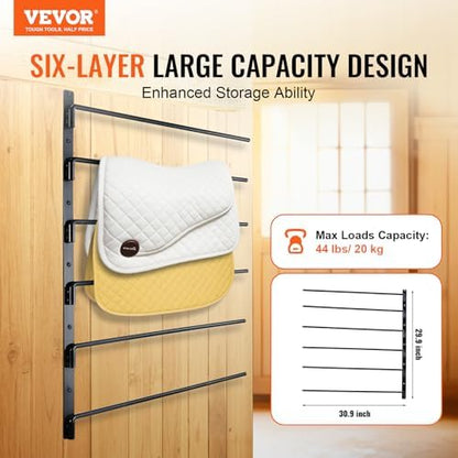VEVOR Wall Mounted Saddle Rack, 30.9 x 29.9 x 5.5 in, Swing Out Saddle Holder, Six Tiers Horse Saddle Stand, Space Saving Horse Pad and Blanket Rack for Tack Room Organization Trailer Accessories