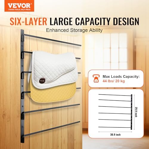 VEVOR Wall Mounted Saddle Rack, 30.9 x 29.9 x 5.5 in, Swing Out Saddle Holder, Six Tiers Horse Saddle Stand, Space Saving Horse Pad and Blanket Rack for Tack Room Organization Trailer Accessories