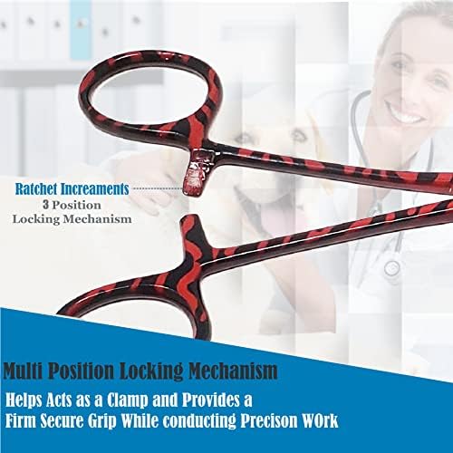 Dog Pet Ear/Nose Hair Puller Grooming Hemostat Locking Forceps Curved Pliers, 5.5" (14cm) Full Serrated Clamps Stainless Steel (Red Candy Swirls)