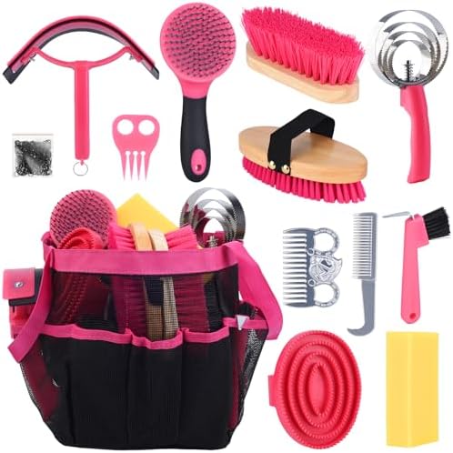 Horse Grooming Kit 13 Piece, Horse Brushes for Grooming Supplies with Tote Bag, Horses Tack Brush Set for Effective Grooming and Cleaning, Gift for Horse Riders Beginners (Pink)