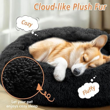 JOLLYVOGUE Calming Dog Bed Medium Size Dog, 31in Donut Washable Medium Pet Bed, Anti-Slip & Anti-Anxiety Fluffy Faux Fur Round Dogs Bed, Fits up to 45 lbs Pets (Black)