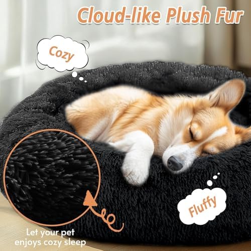 JOLLYVOGUE Calming Dog Bed Medium Size Dog, 31in Donut Washable Medium Pet Bed, Anti-Slip & Anti-Anxiety Fluffy Faux Fur Round Dogs Bed, Fits up to 45 lbs Pets (Black)