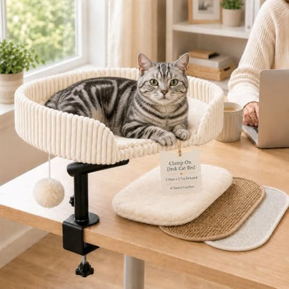 Cat Desk Bed with 3 Mats for All Seasons, 360° Rotating Adjustable