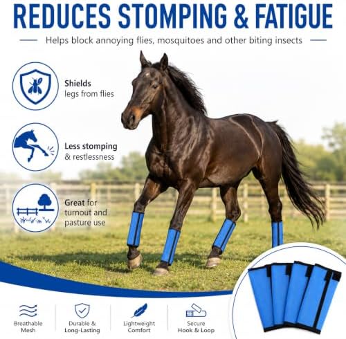 Fly Boots for Horses Set of 4 - Breathable Mesh Equine Leg Protection,Anti-Sag Stay-On Horse Fly Boots,Reduces Stomping & Fatigue,UV-Block, Adjustable Fit for Medium to Large Horses