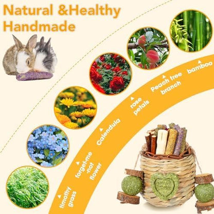 Jorewood Rabbit Chew Toys,Natural Hanging Basket with Sweet Bamboo,Timothy Hay,Peach Sticks for Bunny Chinchillas Guinea Pigs Hamsters Rats Teeth Grinding