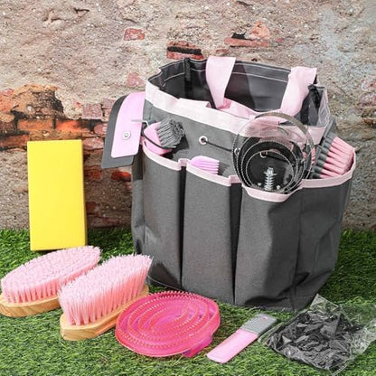 Abbylike 12 Piece Horse Grooming Kit with Organizer Tote Bag Brush Sets for Derby Day Show Horses Professional Tools for Care & Massage(Pink and Grey)