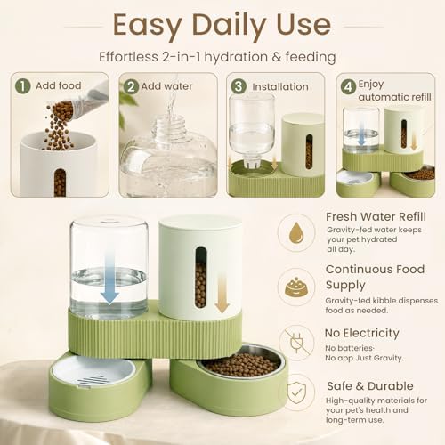 Gravity Cat Feeder 2 Pack Automatic Food Feeder and Water Dispenser Set Detachable Pet Bowl with Silicone Mat for Cats Small Medium Dogs, Large Capacity(Green)