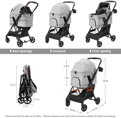 Dog Stroller with No-Zip Buckle Canopy, fits 2 Small Cats or 1 Medium pet,44 lbs Capacity One-Hand Fold,Lockable Front Wheels, Rear Brake