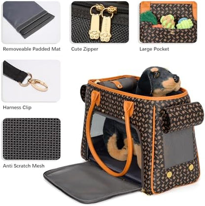 Minsong Fashion Pet Carrier Purse for Small Cat and Dog, Luxury Pu Soft-Sided Tote Bag with Large Pockets for Dogs and Puppies (Coffee, 15.8" L x 7.5" W x 11.8" H)