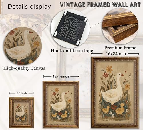 Vintage Gold Framed Goose Wall Art, Retro Floral Farm Animal Oil Painting Canvas Print, Antique Neutral Cottagecore Duck Wall Decor, Rustic Farmhouse Poster Artwork for Nursery Bedroom Living Room