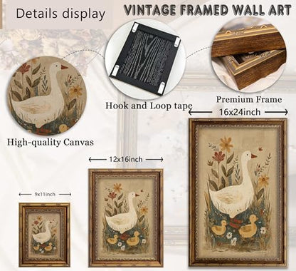 Vintage Gold Framed Goose Wall Art, Retro Floral Farm Animal Oil Painting Canvas Print, Antique Neutral Cottagecore Duck Wall Decor, Rustic Farmhouse Poster Artwork for Nursery Bedroom Living Room