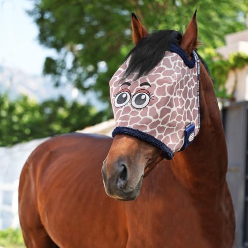 Harrison Howard All Round Mesh Horse Fly Mask UV Protective with Fleece Padded Edging and Fun Prints Forelock Opening Design Mask for Horse Giraffe Medium