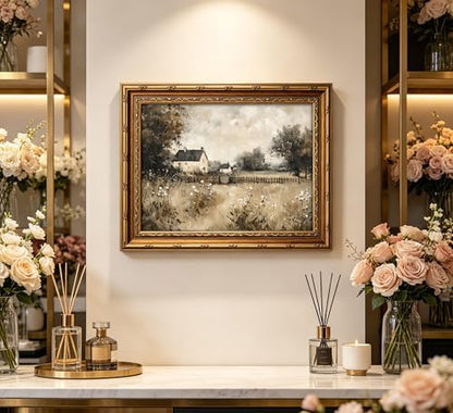 Vintage Gold Framed Wall Art, Country Cottage Landscape Oli Painting Canvas Print, Retro Neutral Rural House Picture Wall Decor, Rustic Farmhouse Poster Artwork for Nursery Bedroom Living Room