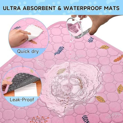 Sunheir Washable Pee Pads for Dogs Large 24" x 72" 2-Pack Reusable Puppy Pads Pet Training Pads, Absorb Dog Mats, Whelping Pad, Non-Slip Protects Against Urine Leakage, Runner Rug (Leaves - Pink)