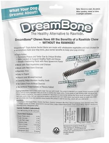 DreamBone Triple Action Dental Sticks Charcoal, 10 Count, Rawhide-Free Chews for Small and Medium Sized Dogs Freshens Breath (Pack of 3)