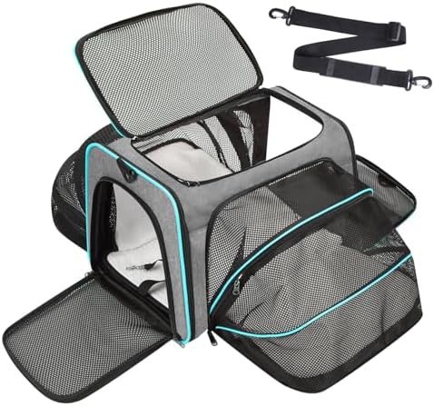 Pet Carrier, Large Soft Sided Expandable Travel Carrier with Steel Frame, Anti-Scratch Mesh, Removable Fleece Pad and Pockets for Cats, Dogs and Small Animals up to 15 lbs (Gray, 5 Sides Expandable)