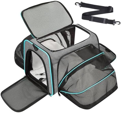 Pet Carrier, Large Soft Sided Expandable Travel Carrier with Steel Frame, Anti-Scratch Mesh, Removable Fleece Pad and Pockets for Cats, Dogs and Small Animals up to 15 lbs (Gray, 5 Sides Expandable)