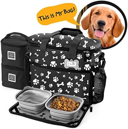 Week Away Dog Travel Bag (15"x7"x14", Paw Print) - Includes 2 Pet Food Storage Containers + 2 Collapsible Dog Water Bowls - Airline Approved Travel Accessories, Great for Weekend Trips