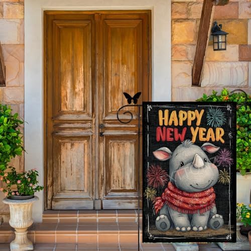 Happy New Year Garden Flag 12x18 Double Sided Vertical Linen Small Fireworks Rhino House Flag Welcome Holiday Winter House Outdoor Outside Decorations (27180)