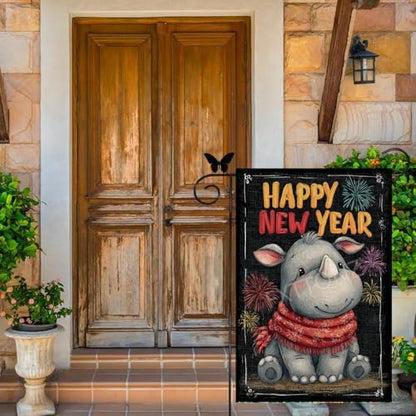 Happy New Year Garden Flag 12x18 Double Sided Vertical Linen Small Fireworks Rhino House Flag Welcome Holiday Winter House Outdoor Outside Decorations (27180)