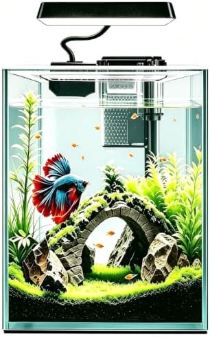 Ultra White Glass Betta Aquarium Starter Kits 1.5 Gallon Small Fish Tank, Betta Fish Tank with LED Light, Power Filter, 4mm Glass