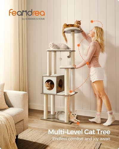 Feandrea Cat Tree, 64.6-Inch Multi-Level Tower with 5 Scratching Posts