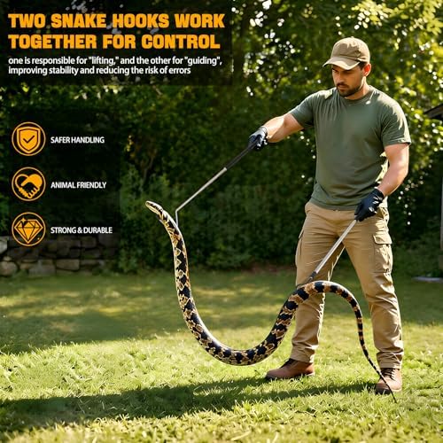 2pcs Snake Hook Set, Heavy Duty Snake Catcher Stainless Steel Snake Handling Tool for Moving Ball Rattlesnakes Python Copperhead with Long Handle (65inch&26inch)