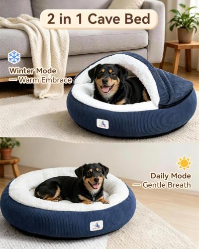 Calming Cozy Dog Cave Cover Bed, Burrow Small Doggy Anti Anxiety