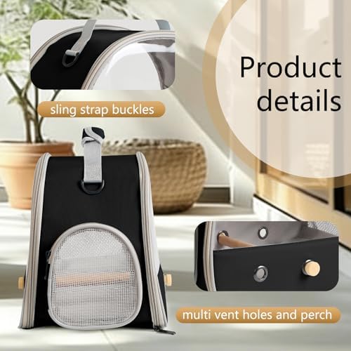 Bird Travel Carrier, Portable Small Bird Parrot Parakeet Carrier with Standing Perch and Mat, Side Access Window Collapsible (Black, Clear Windows)