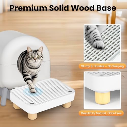 Litter Box Step, Litter Box Ramp/Catcher with Wooden Base, Anti-Tracking & Easy to Clean, Ideal for Small & Elderly Cats 11.8"x7.9"x3.6" (White)