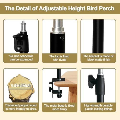 18-27 Inch Height Adjustable Bird Perch Pepper Wood Desktop Bird Training Perch Stand with Feeding Cups and Swing Toy Parakeet Perches Indoor and Outdoor Parrot Stand for Small to Medium Birds