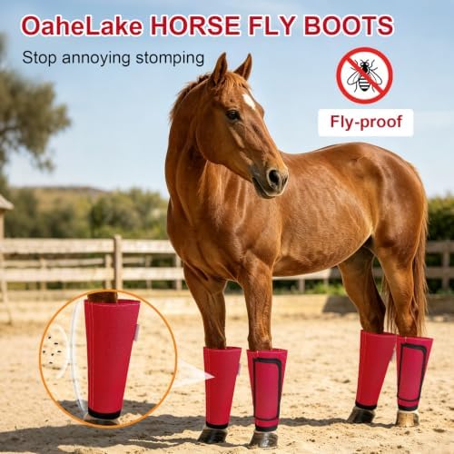 Fly Boots for Horses Set of 4, Equine Loose Fitting Leggings (Red)