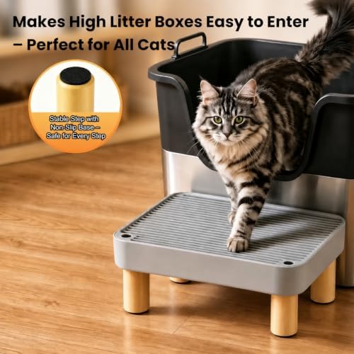 Litter Box Step, Litter Box Ramp/Catcher with Wooden Base, Anti-Tracking & Easy to Clean, Ideal for Big Cats and Automatic Litter Boxes 15.8" x 11.8" x 5.9" (Gray)