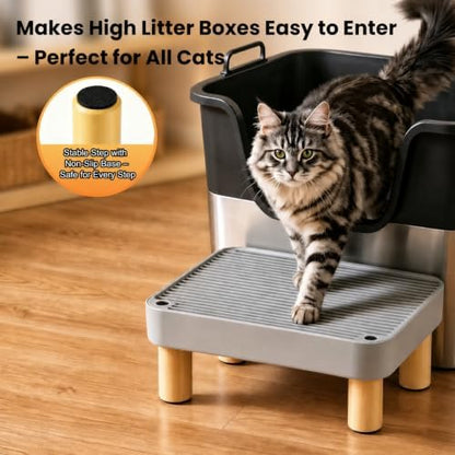 Litter Box Step, Litter Box Ramp/Catcher with Wooden Base, Anti-Tracking & Easy to Clean, Ideal for Big Cats and Automatic Litter Boxes 15.8" x 11.8" x 5.9" (Gray)