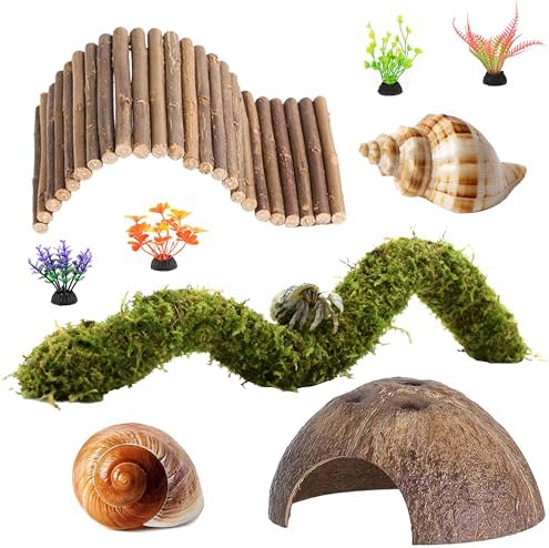 Hermit Crab Accessories, Natural Adjustable Hermit Crab Climbing Toys Bendable Bridge, Coconut Shell Hideout Hut, Plants for Reptiles & Amphibians Supplies (B-Group-9PCS)